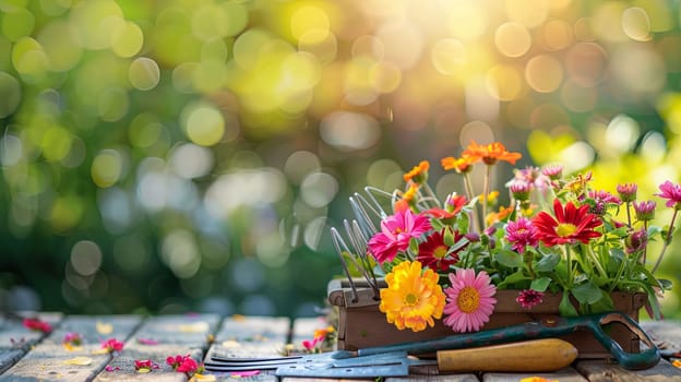 Colorful flowers and various garden tools arranged neatly on a wooden table outdoors with a blurred natural background.