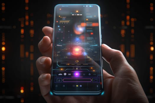 Artificial Intelligence smartphone with an interface translucent screen, technology futuristic