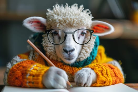 A sheep wearing glasses and a sweater is sitting at a desk and writing. Concept of humor and playfulness, as the sheep is dressed up like a human and engaging in a typical activity