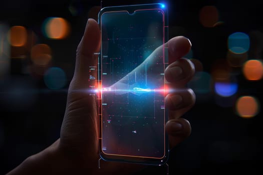 Artificial Intelligence smartphone with an interface translucent screen, technology futuristic