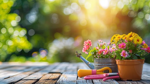 A potted plant with colorful flowers sits on a wooden table with garden tools nearby, against a blurred natural background.