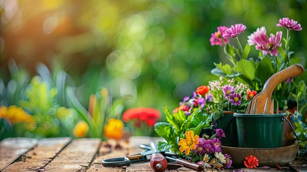 Colorful flowers and garden tools arranged on a wooden table, against a blurred natural background.