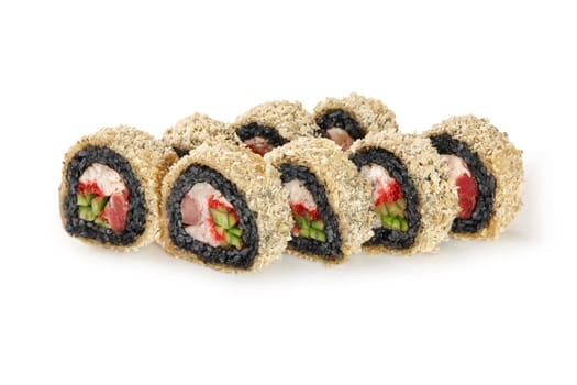 Delicious black rice tempura sushi roll filled with tuna, crab meat, tobiko and cucumber, traditionally covered with crispy panko breadcrumbs, presented on white background. Japanese food concept