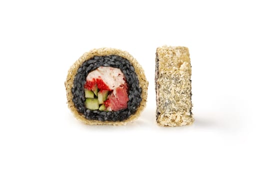 Closeup of crispy warm tempura roll with black rice, tuna, crab meat, masago roe and cucumber, topped with panko breadcrumbs, isolated on white. Japanese style cuisine