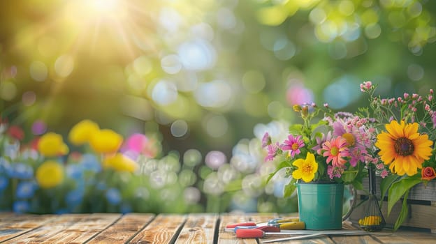 Wooden table filled with a colorful array of flowers and garden tools on a blurred natural backdrop.