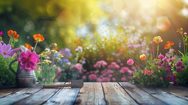 A wooden table adorned with an array of vibrant flowers and garden tools, set against a blurred natural backdrop.
