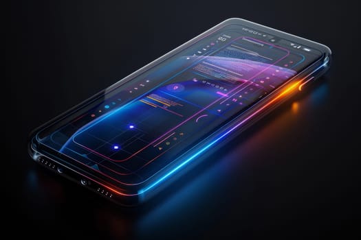 Artificial Intelligence smartphone with an interface translucent screen, technology futuristic