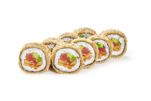 Warm tempura rolls coated with crispy panko breadcrumbs, filled with raw tuna, traditional Japanese omelet and avocado served on white background. Sushi bar menu concept