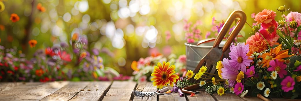 Colorful flowers and garden tools arranged on a wooden table, set against a blurred natural backdrop.