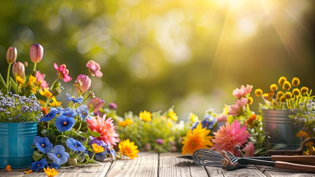 A wooden table topped with a variety of vibrant flowers and garden tools, set against a blurred natural background.