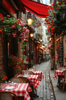 A red and white checkered tablecloth is draped over a table in a restaurant. The table is surrounded by several chairs, and there are potted plants and flowers in the background