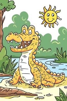 A cartoon crocodile stands by the river in a vibrant ecoregion, with a smiling sun in the background. The happy vertebrate is surrounded by nature and plants