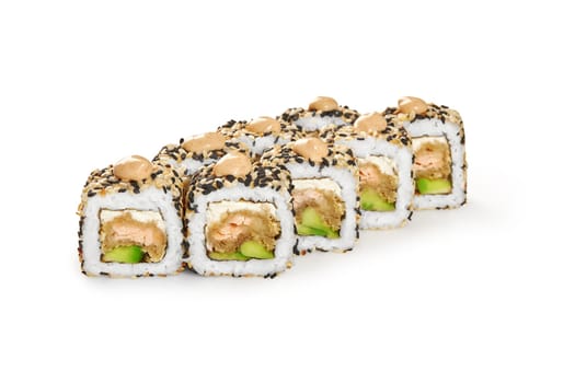 Sushi rolls filled with deep fried salmon, soft avocado and cream cheese, coated with sesame mix, seasoned with drop of spicy mayo, displayed isolated on white background. Japanese cuisine