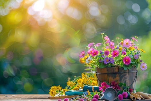 A variety of colorful flowers and garden tools arranged neatly on a rustic wooden table, set against a blurred natural backdrop.