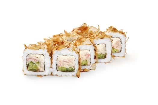 Delicious rolls filled with surimi, cream cheese and cucumbers coated with crispy smoked bonito flakes on white background. Popular sushi bar menu