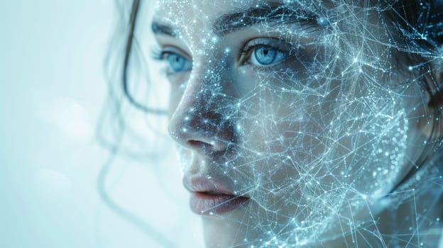 The girl 's face is covered with threads of an electronic network . Neural networks of facial recognition for human identification.