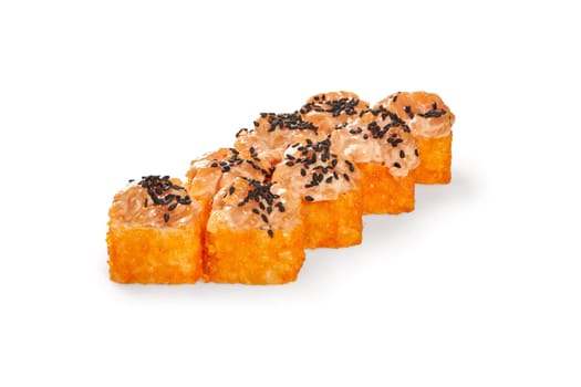 Colorful appetizing rolls coated with tobiko roe topped with creamy salmon tartare and black sesame, isolated on white background. Japanese sushi bar menu concept