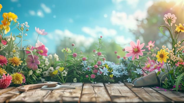 A wooden table adorned with an array of vibrant flowers, set against a blurred natural backdrop.