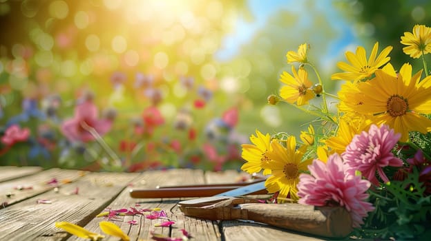 Colorful flowers and garden tools scattered on a wooden table, set against a blurred natural background.