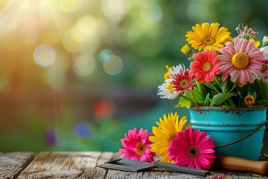 A blue bucket filled to the brim with vibrant, assorted flowers on a wooden surface, against a blurred natural background.