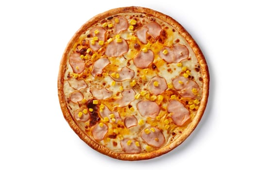 Appetizing Italian style pizza on classic thin dough with browned edge, creamy sauce, melted mozzarella and slices of smoked chicken fillet, sprinkled with corn kernels, isolated on white background