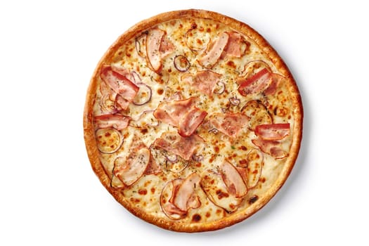 Browned thin pizza with delicate filling of creamy sauce and melted cheese, topped with bacon slices and sweet onions seasoned with aromatic dried herbs, isolated on white background