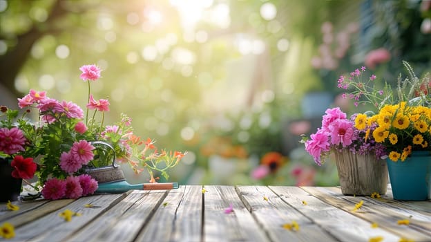 A wooden table is covered with vibrant flowers and garden tools, set against a blurred natural background.