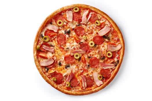 Delicious meat pizza with pelati tomato sauce and mozzarella topped with bacon, pepperoni sausage, mushrooms, olives and cherry tomatoes isolated on white. Fusion of Italian and American cuisine