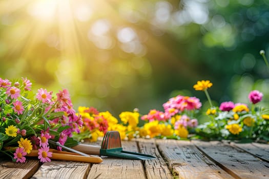 A wooden table topped with a variety of vibrant flowers and gardening tools, set against a blurred natural background.