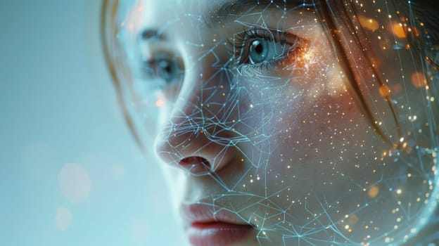 The girl 's face is covered with threads of an electronic network . Neural networks of facial recognition for human identification.