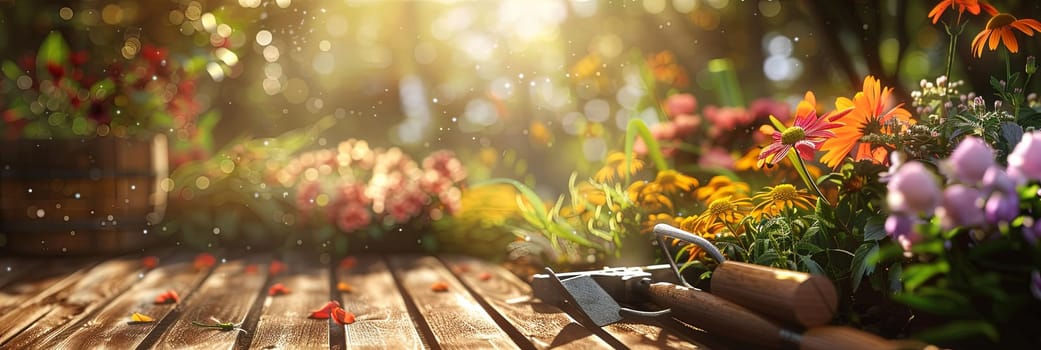 A wooden table topped with an assortment of vibrant flowers and garden tools against a blurred natural backdrop.