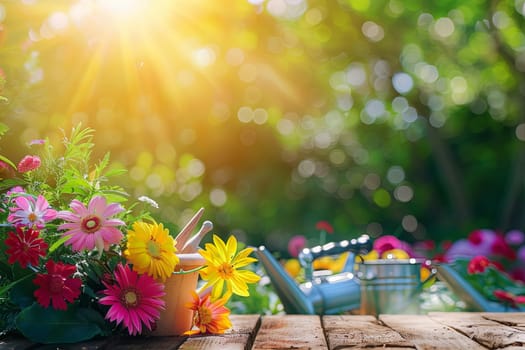 A wooden table is adorned with an abundance of colorful flowers and garden tools, set against a blurred natural background.