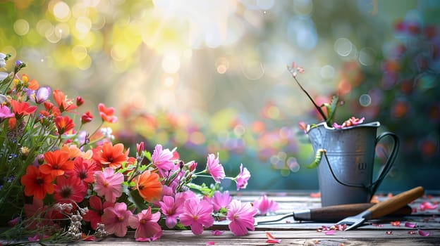 A bucket filled with colorful flowers is placed on a wooden table, surrounded by garden tools. The background is blurred, highlighting the vibrant blooms.