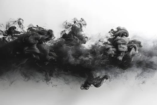 A black ink splash on a white background resembles a cloud of pollution in the sky, creating an artistic representation of a meteorological phenomenon