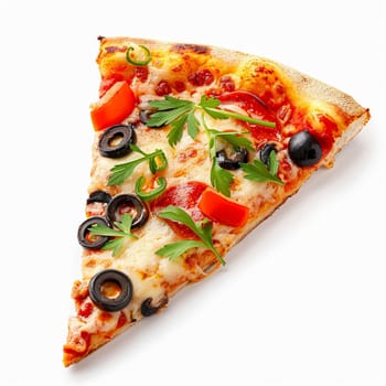 Pizza slice isolated on white background, online delivery from pizzeria, take away and fast food concept