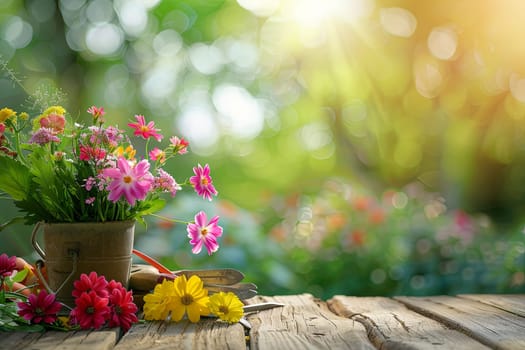 A wooden table is adorned with a variety of vibrant flowers and garden tools, set against a blurred natural backdrop.