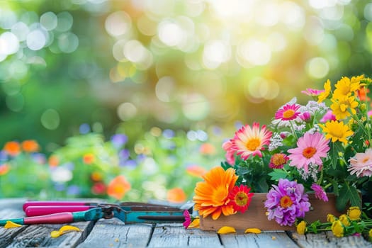 A bunch of vibrant flowers arranged on a wooden table with garden tools, set against a blurred natural backdrop.