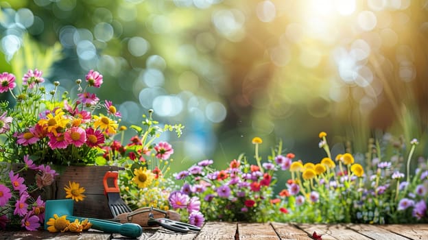 Numerous colorful flowers and garden tools arranged on a wooden table with a blurred natural background.