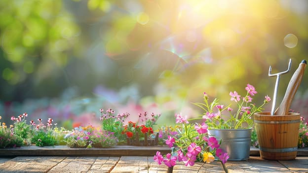 A wooden table adorned with vibrant flowers and various gardening tools, set against a blurred natural backdrop.