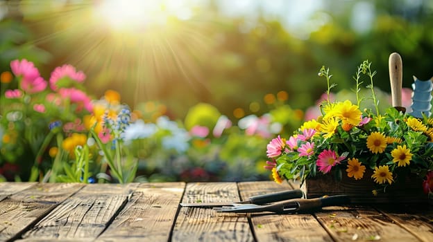 A wooden table covered with a variety of colorful flowers and garden tools, set against a blurred natural background.