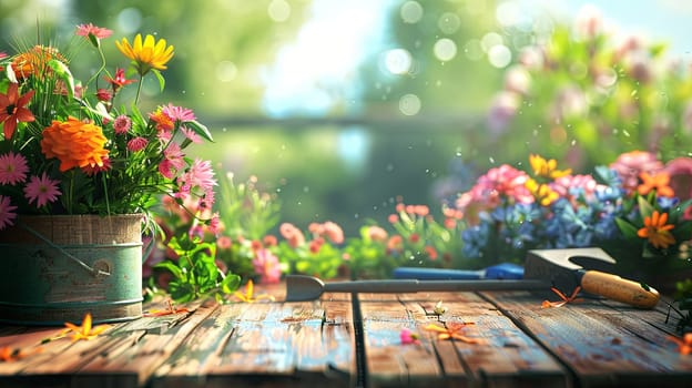 Colorful flowers arranged on a wooden table with garden tools, against a blurred natural background.