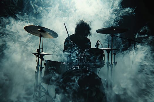 The drummer sits behind a drum kit in the smoke and spotlight.
