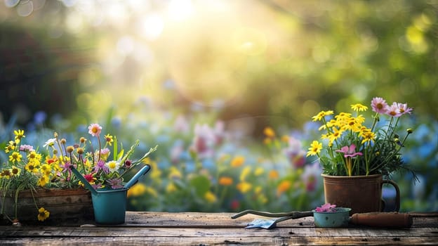 Colorful flowers planted in pots on a wooden table, surrounded by garden tools, with a blurred natural background.
