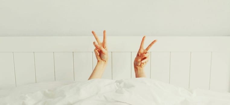 Cheerful lazy woman waking up after sleeping lying in soft comfortable bed showing gesture stretching her hands up from under the blanket in white bedroom