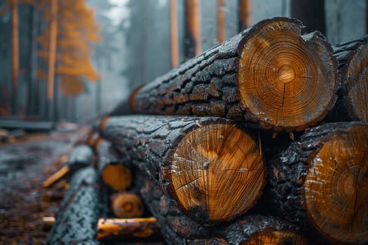 Harvesting of timber and lumber. Round large logs are stacked on top of each other.