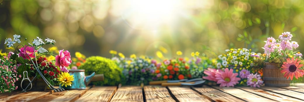 A wooden table filled with an assortment of vibrant flowers and various garden tools, set against a blurred natural backdrop.