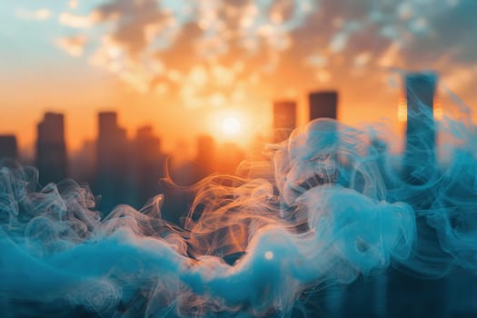 Plumes of smoke against the background of the sky and the city at sunset. Air purity concept.