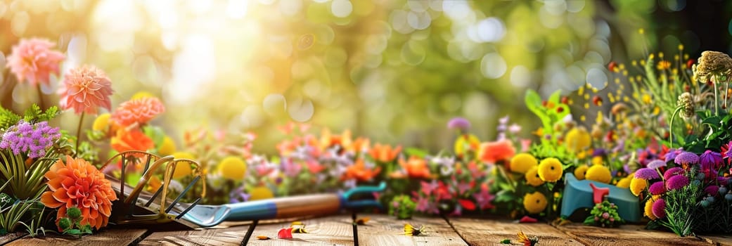 Colorful flowers and gardening tools arranged on a wooden table with a blurred natural background.