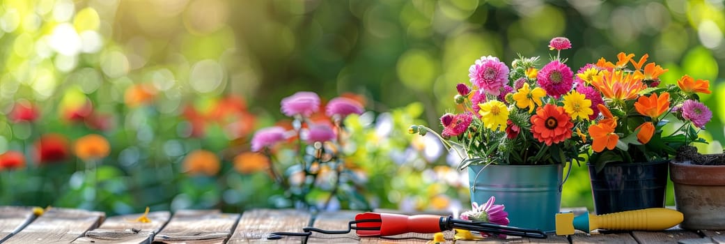 Various colorful flowers and garden tools arranged on a wooden table with a blurred natural background.