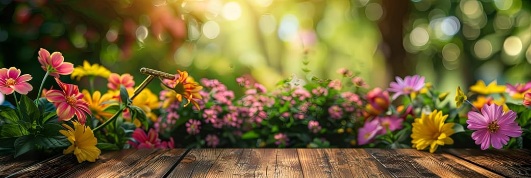 Various vibrant flowers arranged neatly on a wooden table with garden tools, against a blurred natural background.